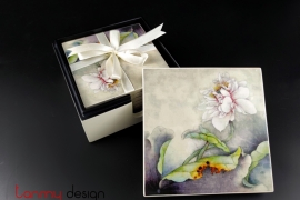 Set of  6 cream hand-painted lotus coasters included with box 